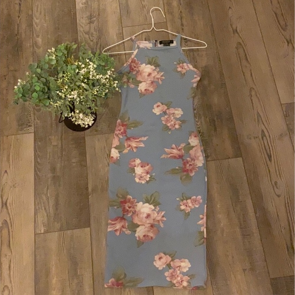 Blue floral body con dress
